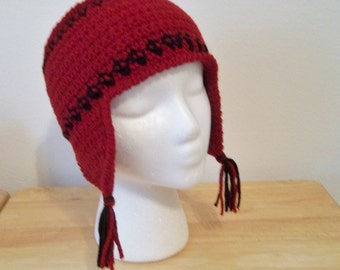 Headband - Crochet Headband with Earflaps for Winter Times  - Red with Black Stripes