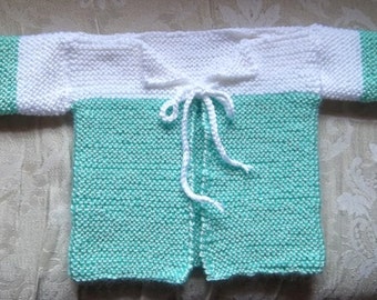 Jacket - Hand knitted Baby Jacket in Green and White for 6 month old