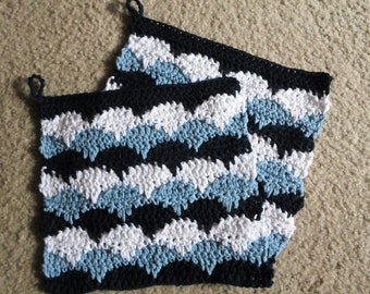 Potholder - Crochet Potholder - Made of Cotton in Dark Navy Blue, Light Blue and White