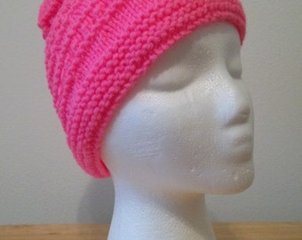 Hat - Hand Knitted Hat in Bright Pink