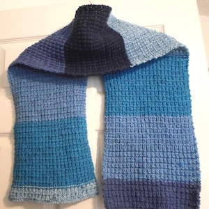 Long Shawl - Hand knitted Long Shawl for Men or Women or Children in a Mix of Blue Shades - Made of Acrylic Yarn