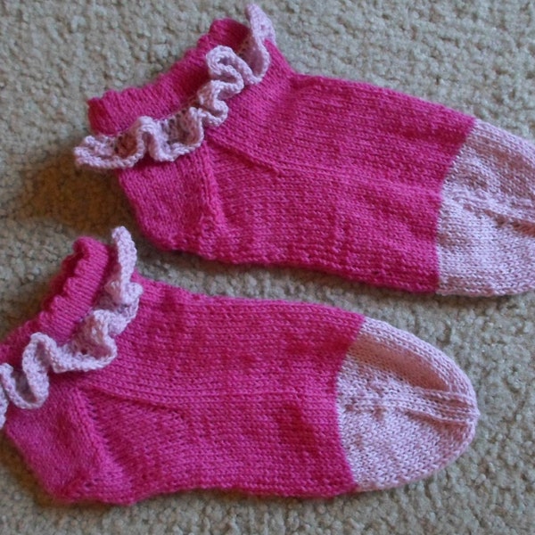 Short Socks with Ruffles - Ankle Socks - Hand knitted Socks - Size 7 US Women - Color Bright Pink and Light Pink