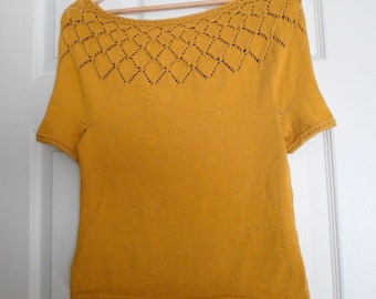 Summer Shirt - Hand knitted Top Down Shirt - Lace Pattern - Color Golden Yellow - Size M