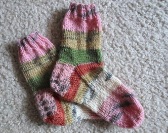 Socks for Children - Hand knitted Socks - Self-striping in Mixed Colors  - Unisex Children Age 3-4