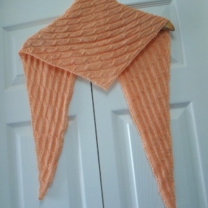 May include: A peach-colored knitted shawl with a lacy pattern hangs on a hanger against a white door.