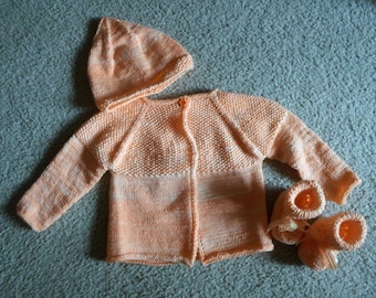 Baby Set - Hand Knitted Raglan Cardigan and matching Hat and Booties for a Baby Girl 6-9 month