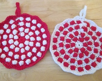 Potholder - Set of Two Crochet Potholder - Round in White and Red