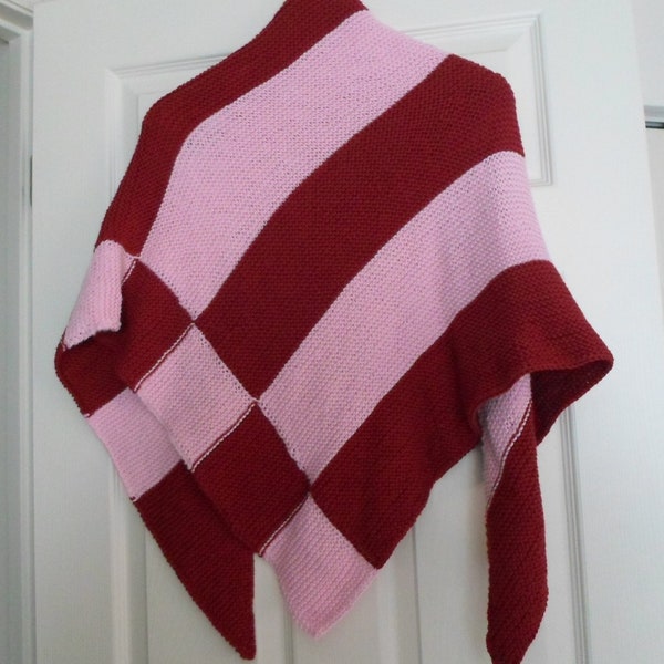Shawl - Hand knitted Triangle Shawl - Handknitted Wrap - Colors Pink and Burgundy