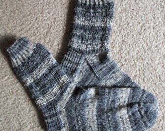 Socks - Hand Knitted Socks - Gray Colors Self-Striping - Size 11.5 US Men