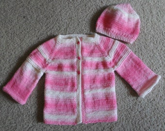 Baby Sweater with Hat - Hand Knitted Raglan Sweater and matching Hat for Baby Girl 6-12 month