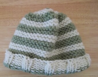 Hat - Hand Knitted Baby Hat in Green and White