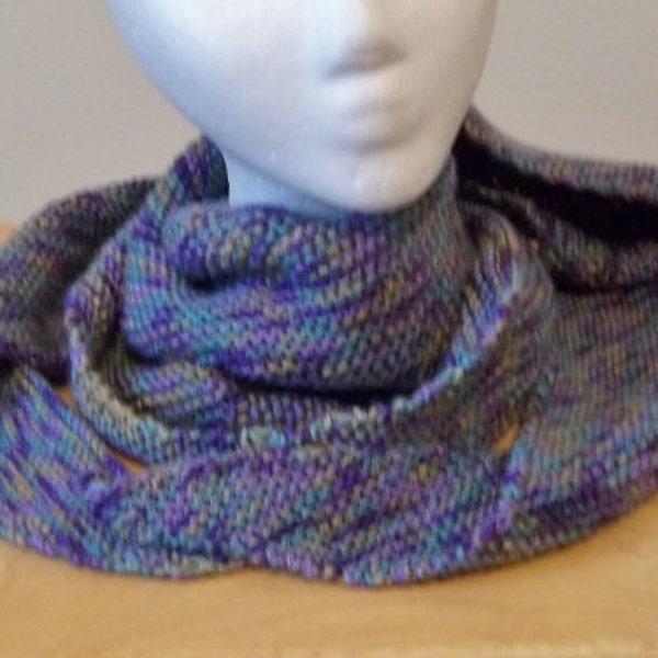 Shawl - Hand Knitted Triangle Shawl in Self-Striping Colors Purple, Green and Grey