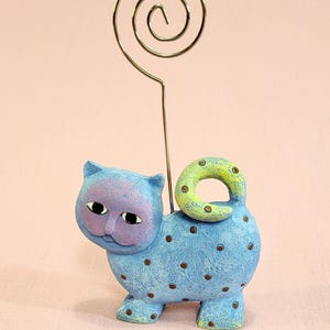 Adorable porte-cartes en argile en forme de chat bleu, fait main, peint à la main, vintage, occasion