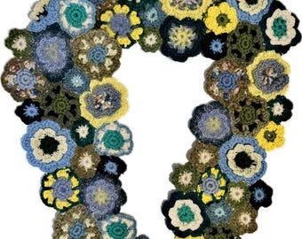 Hand-Crocheted Flower Scarf – Botanical Blues & Greens