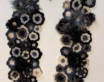 Hand-Crocheted Black & Cream Floral Statement Scarf – Textural, One-of-a-Kind Accessory