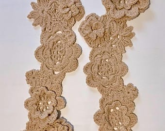 Hand-Crocheted Floral Lace Scarf – Sand Beige