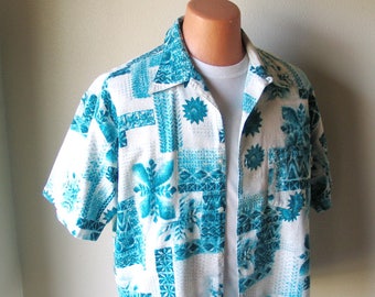 Vintage Early 1990s Teal White Aloha Print Hawaiian Tiki Shirt MCD M L VFG