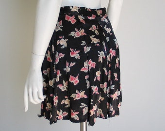 Vintage 1990 Black Satin Floral Print Rayon Flirty Mini Skirt VFG