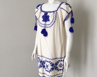 Vintage 1970s Cotton Muslin Peasant Mini Shift Dress with Royal Blue Bunny Embroidery Trim Tassel Balls M L VFG