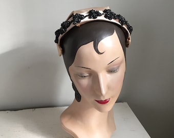 Vintage 1950s Blush Pink Satin Evening Hat with Black Beading VFG