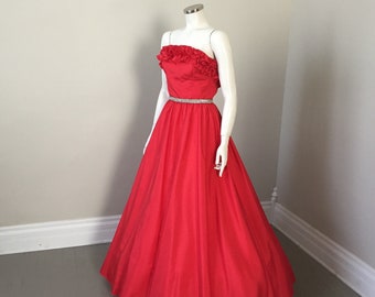 Vintage 1970s Strapless Red Ballgown Formal Dress Rhinestone Waistband Ruffled Bustier by Mike Benet XS VFG costume