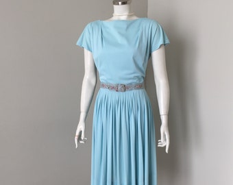 Vintage 1960s Slinky Aqua Blue Day Dress With Fancy Floral Belt M VFG
