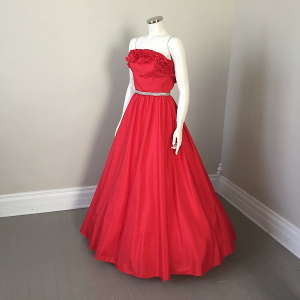 Vintage 1970s Strapless Red Ballgown Formal Dress Rhinestone Waistband Ruffled Bustier by Mike Benet XS VFG costume