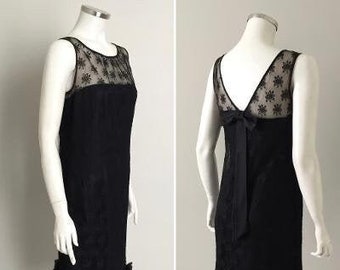 Vintage 1960s Black Lace Barbie Style Shift Cocktail Party Dress with Wide Ruffled Hem M VFG