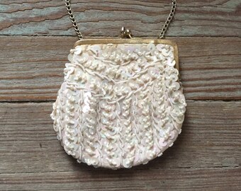 Vintage 1960s Pearlescent Beaded Evening Hand Bag Purse VFG