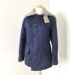 Vintage 1950s Navy Blue Winter Coat Jacket Fur Lined Collar Hood Knit Under Cuffs S VFG