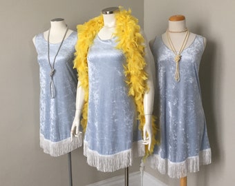 Vintage 1970s Pale Blue Crushed Velour Knit Tank Flapper Party Dress with Fringe Hem Costume S M VFG