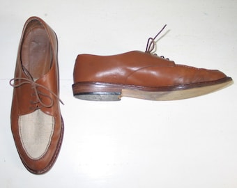 Vintage 1980s Leather and Tan Linen Oxfords Lace Ups Flats Ann Taylor 8 M