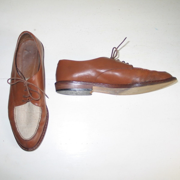 Vintage 1980s Leather and Tan Linen Oxfords Lace Ups Flats Ann Taylor 8 M