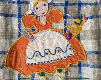Vintage Plaid Hand Towel with Appliqued and Embroidered Dutch Girl with Flower Basket VFG
