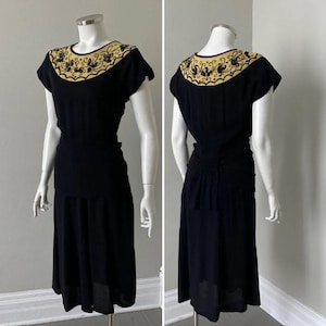 1940s Vintage Black Crepe Dress with Chartreuse Yoke Black Beading and Sequins S VFG