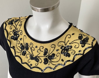 1940s Vintage Black Crepe Dress with Chartreuse Yoke Black Beading and Sequins S VFG