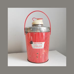 Vintage MCM Mid Century Modern Pelican Insulated Cooler Thermos Red White Stripes Atomic Stars Home Decor Patriotic