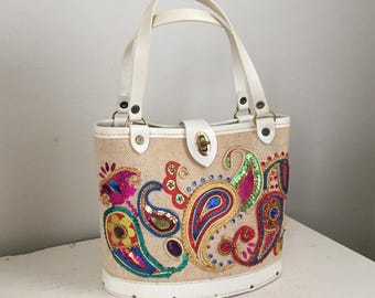Vintage 1960s Colorful Paisley Craft Purse Handbag VFG