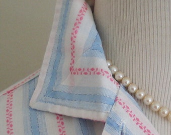 Vintage 1960s Fresh Pink and Blue on White Woven Striped Cotton Blouse VLV S