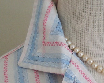 Vintage 1960s Fresh Pink and Blue on White Woven Striped Cotton Blouse VLV S VFG