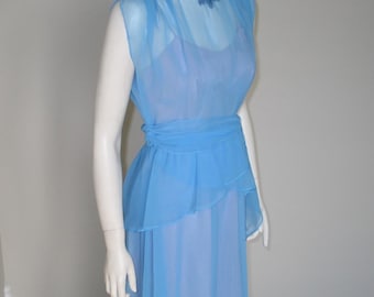 Vintage 1970s Blue Chiffon Bridesmaid Attendent's Dress with Peplum XS S