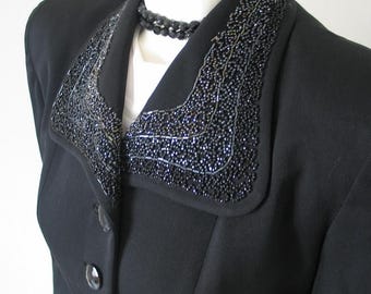 1940s Vintage Black Gabardine Beaded Wedding Jacket M VFG