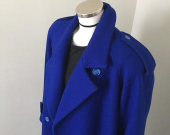 1980s Vintage Royal Blue Raglan Sleeved Long Wool Winter Trench Coat LTP VFG