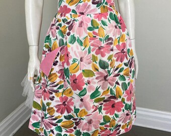 Vintage 1960s Pink Gold Green Maroon Flower Print on White Apron VFG