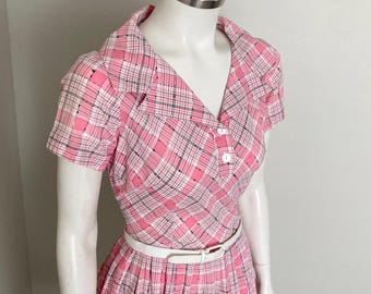 1950s Vintage Pink Black Woven Plaid Fit and Flare Day Dress Housedress S/M VFG