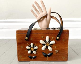 Vintage Enid Collins Les Fleurs Wood Box Purse – 1960s Floral Bee Design VFG