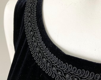 1980s Vintage Black Stretch Velour Velveteen Dress Costume with Purple Insets and Braid Trim Neckline VFG