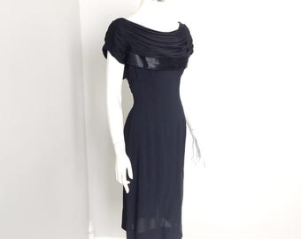 Vintage 1960s Black Cowl Neck Wiggle Empire Dress S VFG