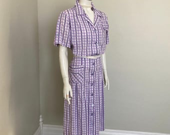 Vintage 1940s Purple White Gingham Sport Day Dress with Floral Embroidery Activi-Tee  B48 VFG