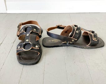 Vintage 1960s 1970s Black Leather Hippie Sandals with Rubber Soles and Brass Hardware Boho Unisex  10 12 VFG